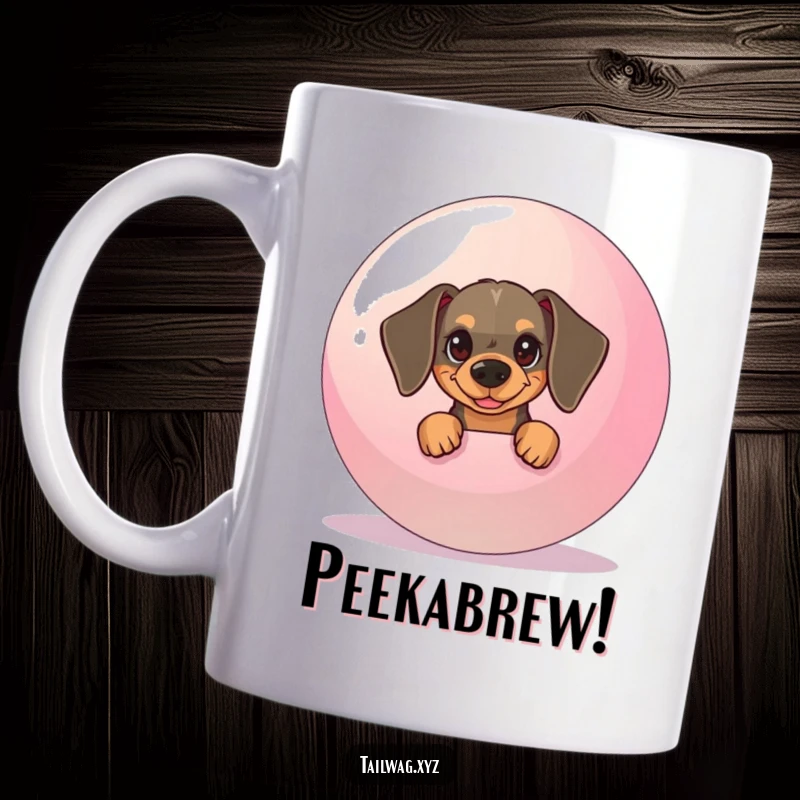 Funny Dachshund Mug: Mischievous pup peeking from behind a giant bouncy ball, a cute and humorous coffee cup.