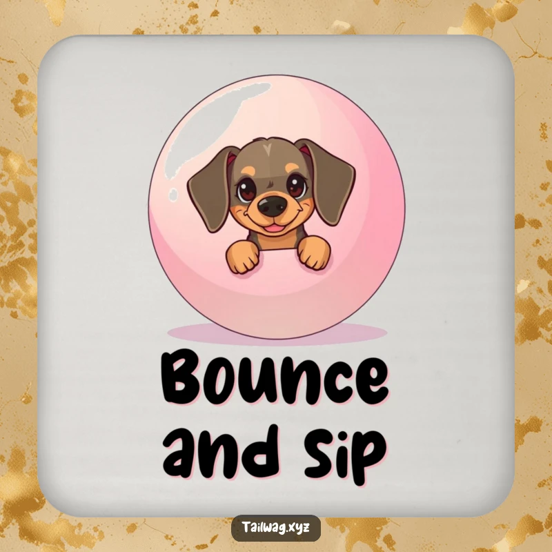 Funny Dachshund Coaster: Mischievous pup peeking from behind a giant ball, a humorous and protective drink mat.