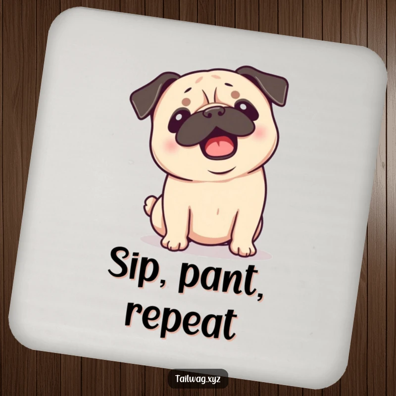 Funny Pug Coaster: Playful pug shaking its head with ears flopping, a humorous drink coaster for tabletops.