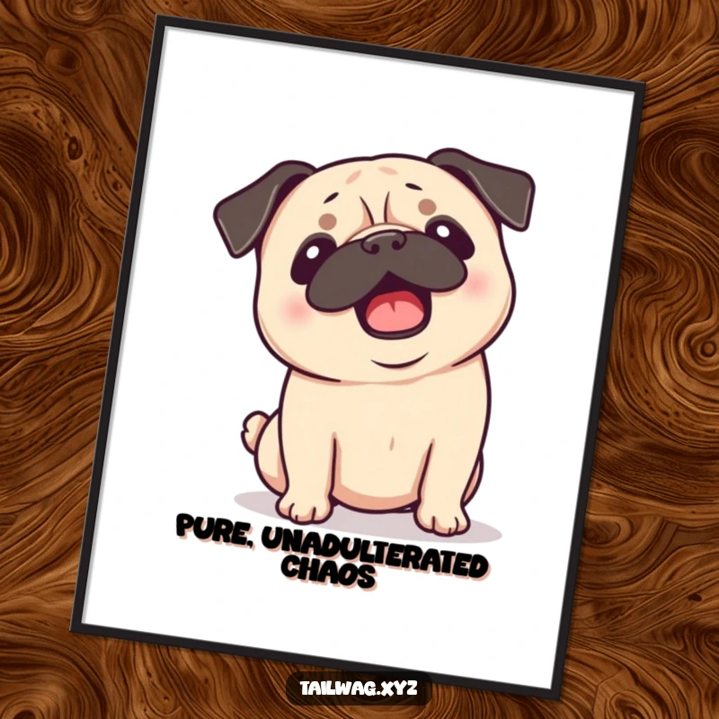 Funny Pug Poster: Playful pug’s ears flap as it shakes its head, a humorous piece of wall art for dog enthusiasts.