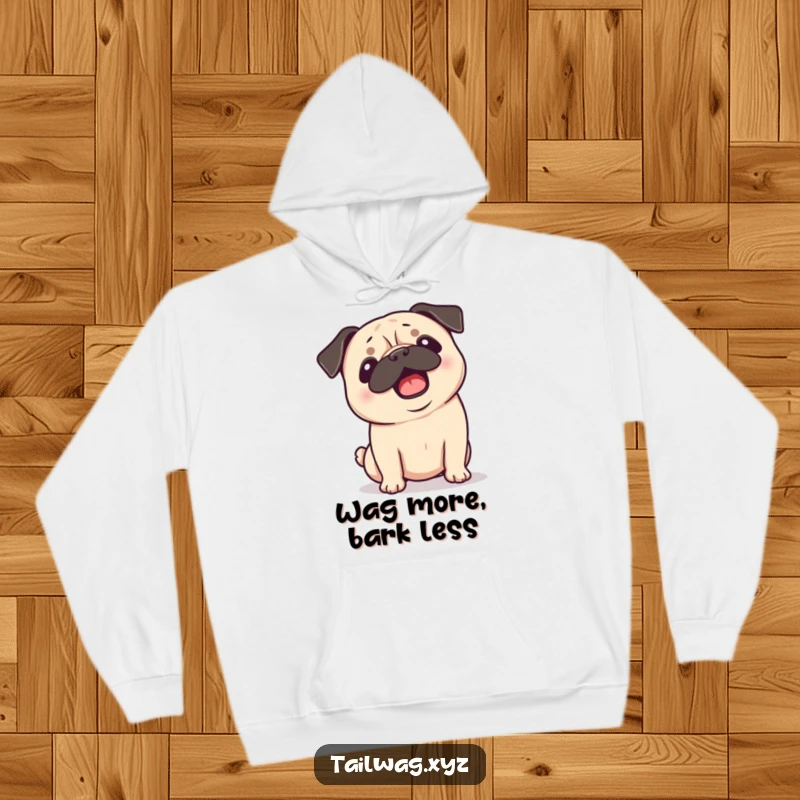 Funny Pug Hoodie: A playful pug’s ears are flopping as it shakes its head, offering cozy humor and warmth.