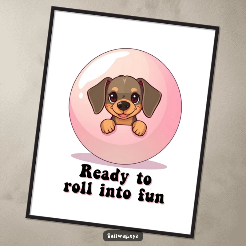 Funny Free Printable Wall Art of a mischievous dachshund pup peeking from behind a massive, colorful bouncy ball.
