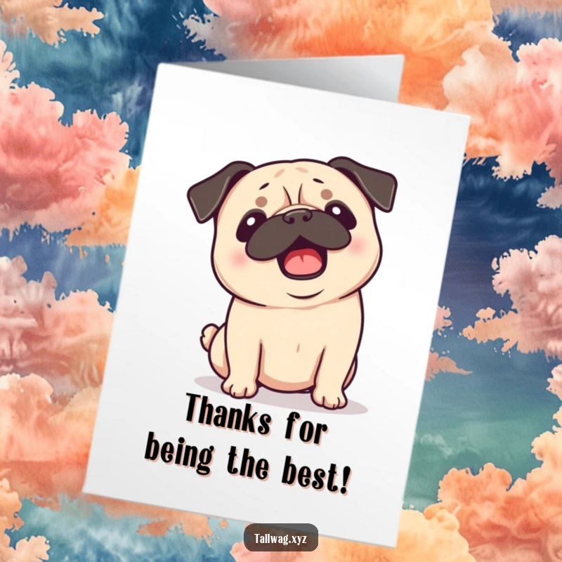 Funny Free Printable Thank You Card featuring a happy, panting pug shaking its head with floppy ears.