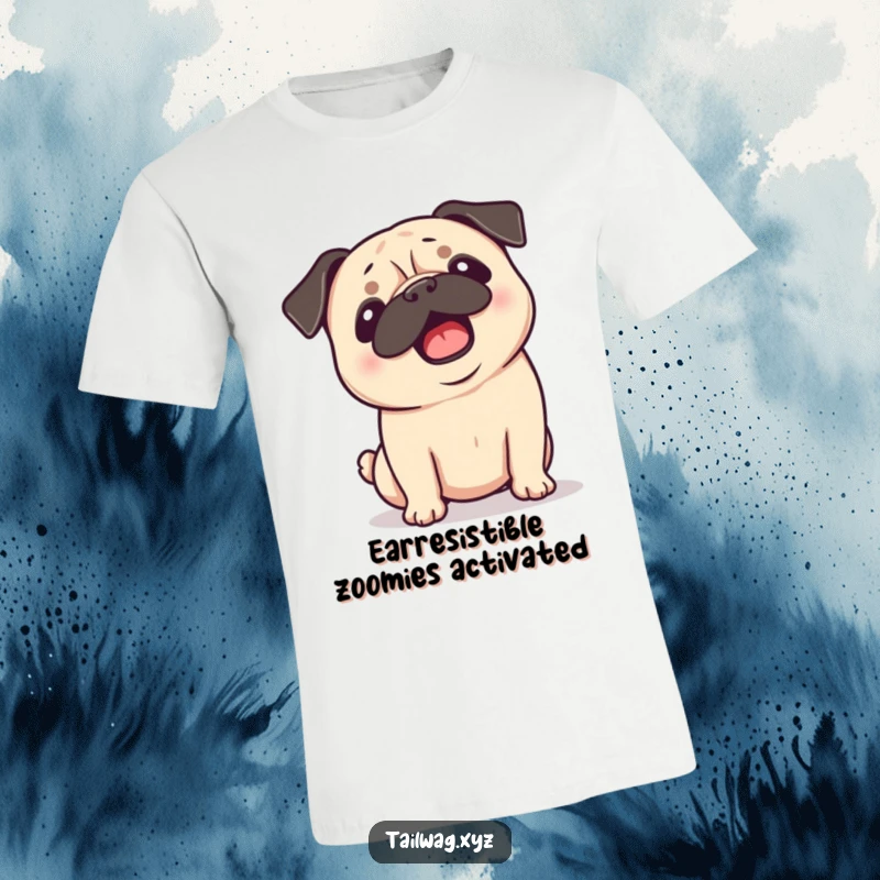 Funny Pug T-Shirt: Playful pug shaking its head, ears flopping wildly, a comical depiction of excited dog energy.
